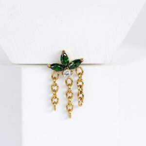 Labret Marquesas Verde Esmeralda & Cadenitas Push Pin – Titanio Dorado